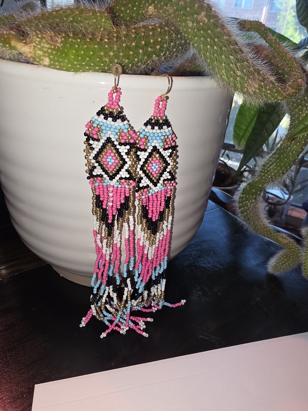 Handmade Beaded Fringe Earrings - Pink, Blue & Gold